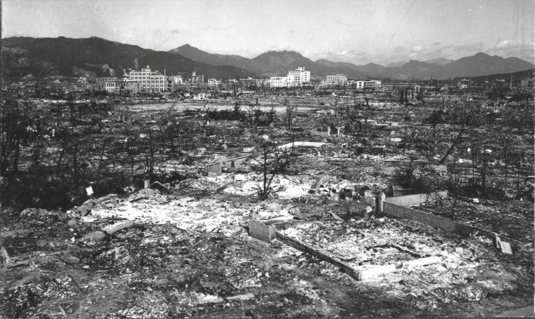 Devastation caused by an atomic bomb is seen in Hiroshima