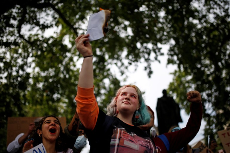 A level students protest at Parliament Square, in London