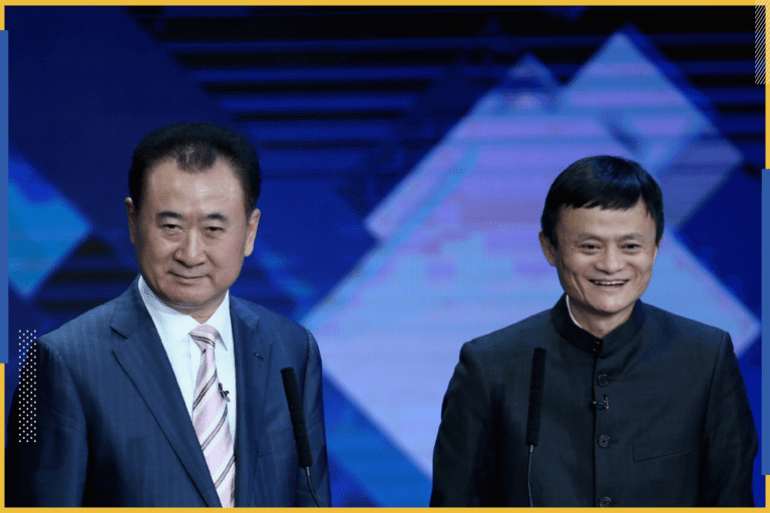 BEIJING, CHINA - DECEMBER 12: (CHINA OUT) Jack Ma (R), Chairman of Alibaba Group, and Wang Jianlin, Chairman of Dalian Wanda Group, attend the 2013 CCTV's China Economic Person Of The Year Award on December 12, 2013 in Beijing, China. (Photo by VCG/VCG via Getty Images)