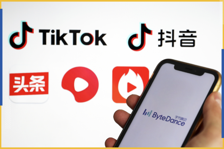 ByteDance- - ANKARA, TURKEY - JUNE 2: In this illustration photo taken in Ankara,Turkey, ByteDance logo is displayed on a mobile phone screen in front of a screen displaying TikTok logo, on June 2, 2020.