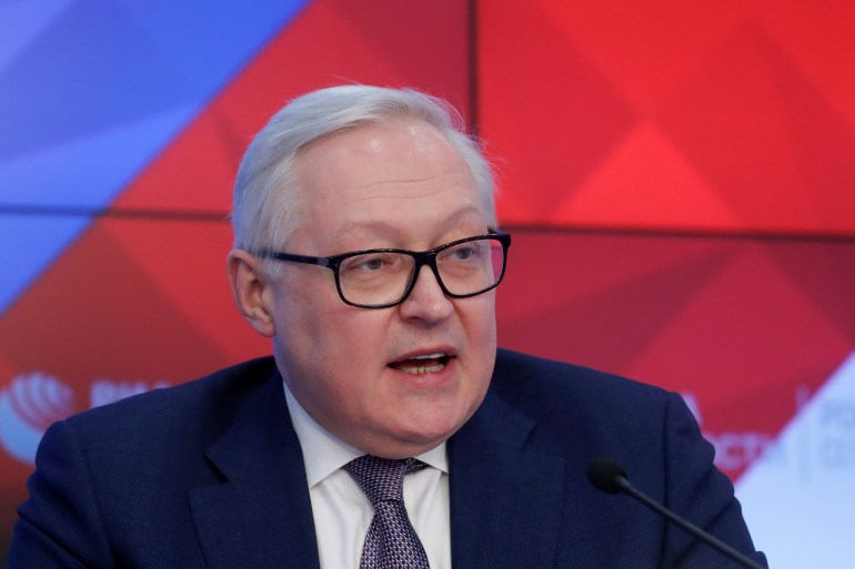Russian Deputy Foreign Minister Ryabkov speaks during a news conference in Moscow