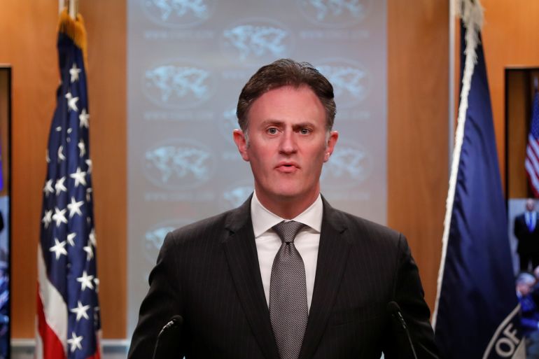Ambassador Nathan Sales Acting Under Secretary for Civilian Security Democracy and Human Rights and Coordinator for Counterterrorism speaks during a news conference at the State Department