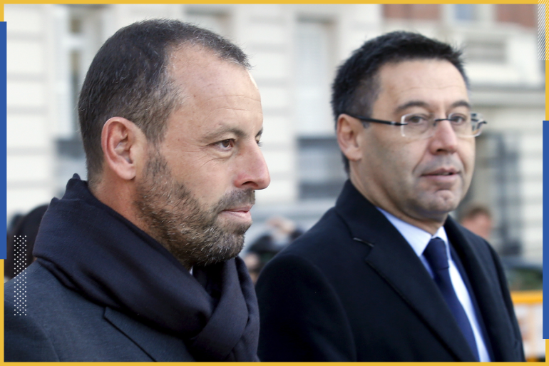 Former Barcelona president Sandro Rosell (L) and current president Josep Maria Bartomeu arrive to testify at Spain's High Court in Madrid, Spain, February 1, 2016. REUTERS/Andrea Comas