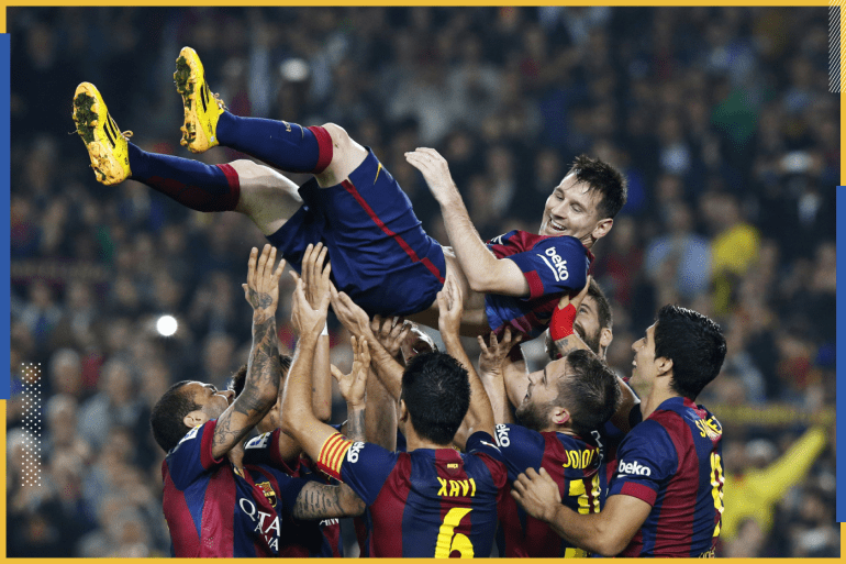Barcelona's Lionel Messi celebrates his second goal with teammates during their Spanish first division soccer match against Sevilla at Nou Camp stadium in Barcelona November 22, 2014. Barcelona forward Messi set a La Liga scoring record of 253 goals when he claimed a hat-trick in Saturday's match at home to Sevilla. REUTERS/Gustau Nacarino (SPAIN - Tags: SPORT SOCCER TPX IMAGES OF THE DAY)