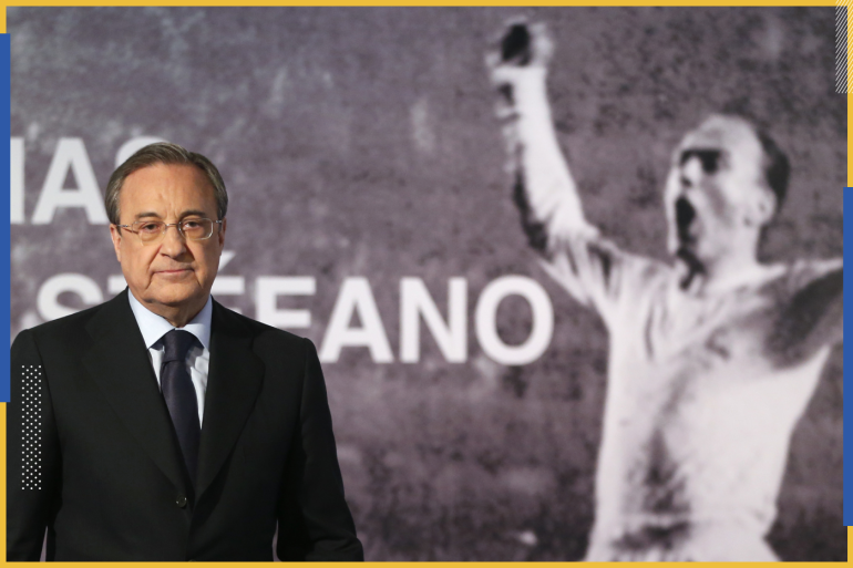 Real Madrid's president Florentino Perez leaves a news conference after the death of former Real Madrid player Alfredo Di Stefano at Santiago Bernabeu stadium in Madrid July 7, 2014. Former Real Madrid forward Di Stefano, one of the greatest footballers of all time, has died in the Spanish capital two days after suffering a heart attack. The club said in a statement that he passed away at the Gregorio Maranon hospital at 1515 GMT on Monday. He was 88. The banner reads, "Thank you Alfredo Di Stefano". REUTERS/Juan Medina (SPAIN - Tags: SPORT SOCCER OBITUARY)