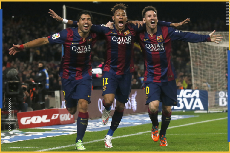 (L-R) Barcelona's Luis Suarez, Neymar and Lionel Messi celebrate a goal against Atletico Madrid during their Spanish First Division soccer match at Camp Nou stadium in Barcelona January 11, 2015. REUTERS/Albert Gea (SPAIN - Tags: SPORT SOCCER TPX IMAGES OF THE DAY)