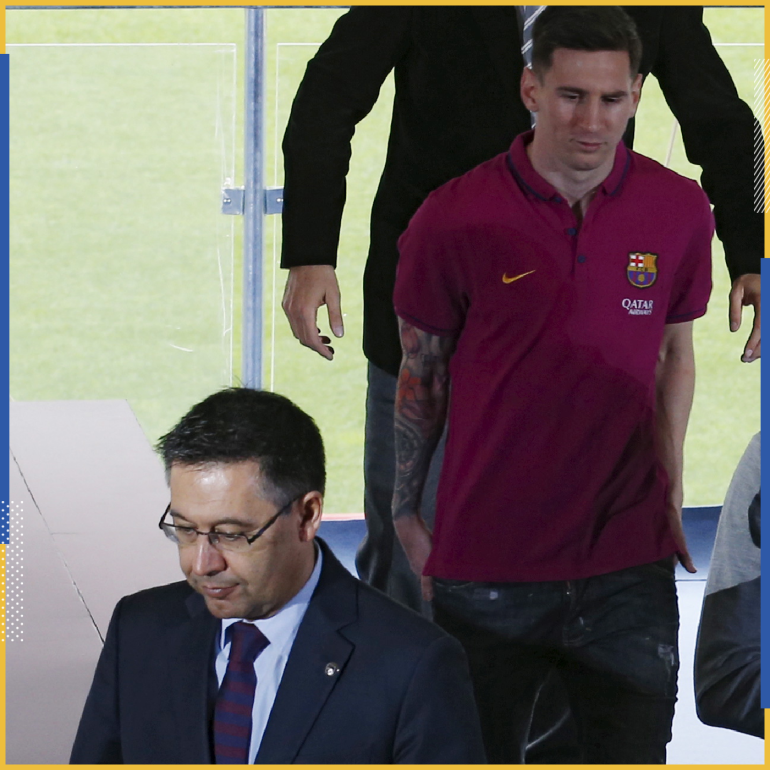 Barcelona's president Josep Maria Bartomeu (L), coach Luis Enrique (R) and Lionel Messi (C) take part in the presentation of the project to reform the Camp Nou stadium in Barcelona, Spain, April 21, 2016. REiUTERS/Albert Gea