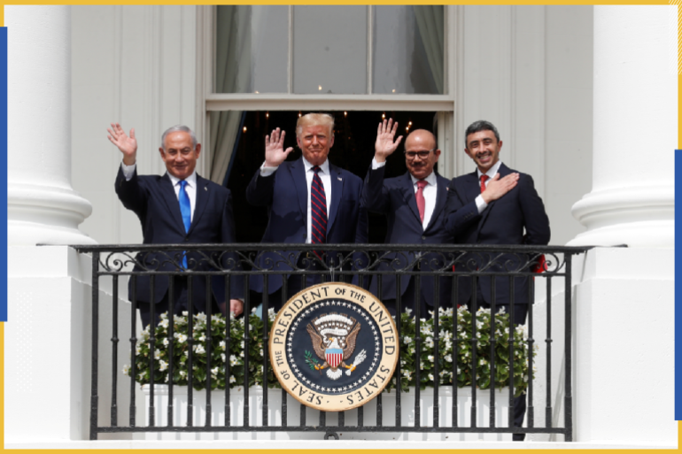 Israel's Prime Minister Benjamin Netanyahu, U.S. President Donald Trump, Bahrain?s Foreign Minister Abdullatif Al Zayani and United Arab Emirates (UAE) Foreign Minister Abdullah bin Zayed wave from the White House balcony after a signing ceremony for the Abraham Accords, normalizing relations between Israel and some of its Middle East neighbors, in a strategic realignment of Middle Eastern countries against Iran, on the South Lawn of the White House in Washington, U.S., September 15, 2020. REUTERS/Tom Brenner TPX IMAGES OF THE DAY