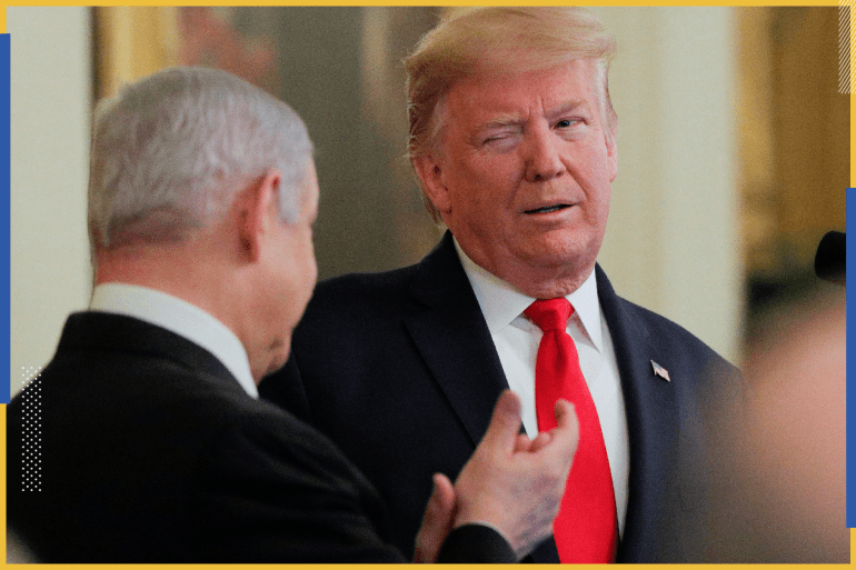 U.S. President Donald Trump winks at Israel's Prime Minister Benjamin Netanyahu as they discuss a Middle East peace plan proposal during a joint news conference in the East Room of the White House in Washington, U.S., January 28, 2020. REUTERS/Brendan McDermid