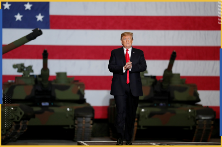 U.S. President Donald Trump arrives to speak to workers in front of Army tanks on display at the Lima Army Tank Plant (LATP) Joint Systems Manufacturing Center, the country's only remaining tank manufacturing plant, in Lima, Ohio, U.S., March 20, 2019. REUTERS/Carlos Barria TPX IMAGES OF THE DAY