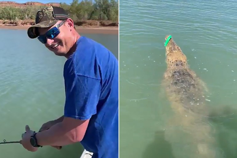 رائج/ أستراليا/ فيديو مرخص/صراع بين تمساح وصياد في نهر فيكتوريا بأستراليا - مواقع التواصل