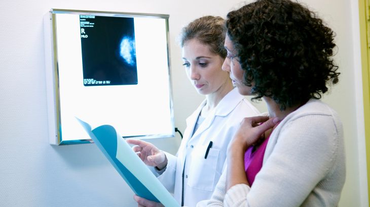 Doctor explaining to a patient the result of her mammogram.