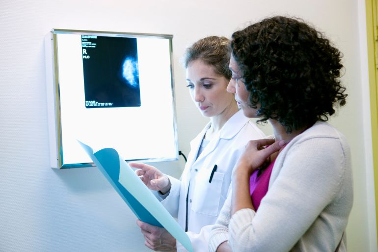 Doctor explaining to a patient the result of her mammogram.