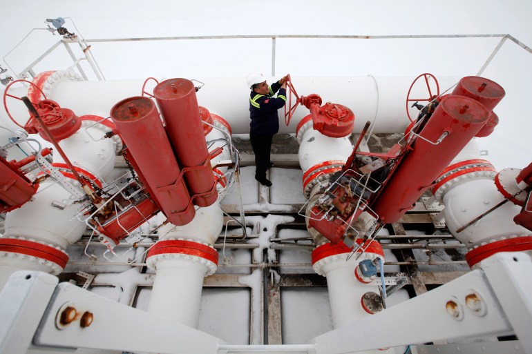 A worker checks the valve gears in a natural gas control centre of Turkey's Petroleum and Pipeline Corporation