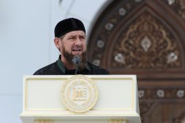 Head of the Chechen Republic Kadyrov delivers a speech outside a new mosque during an inauguration ceremony in Shali