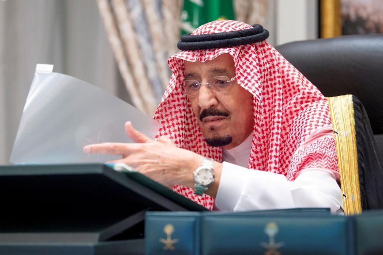Saudi Arabia's King Salman bin Abdulaziz attends a virtual cabinet meeting in Neom