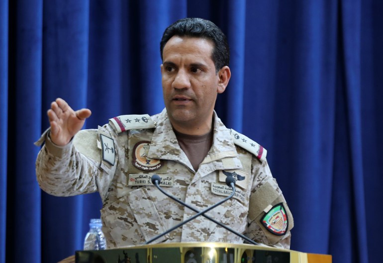 Saudi-led coalition spokesman, Colonel Turki al-Malki, speaks during a news conference in Riyadh