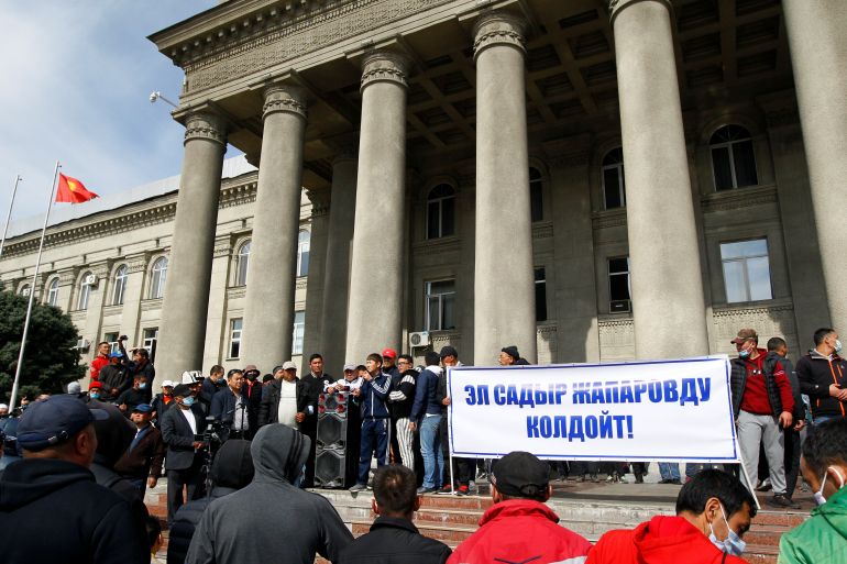 Supporters of Sadyr Zhaparov attend a rally in front of the Government House in Bishkek
