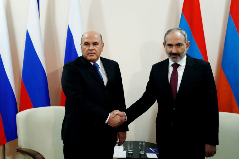 Armenian Prime Minister Pashinyan meets Russian Prime Minister Mishustin before the Eurasian Economic Union (EAEU) Council in Yerevan
