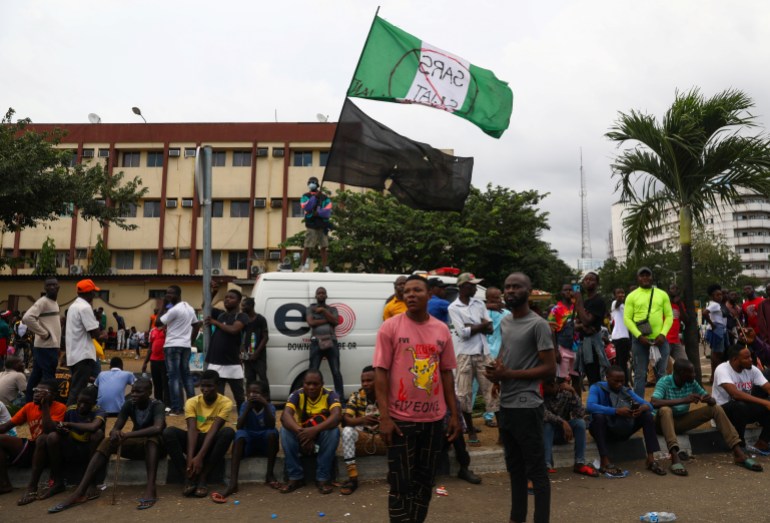 Demonstrators gather on the street to protest against alleged police brutality in Lagos