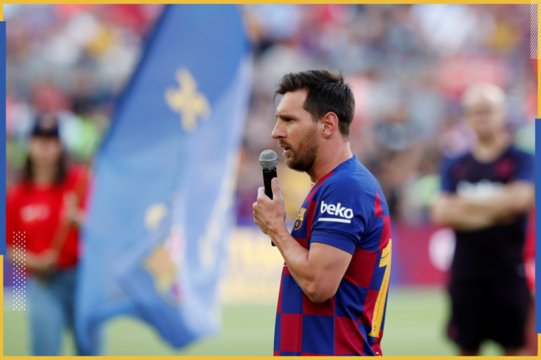 Soccer Football - Joan Gamper Trophy - Barcelona v Arsenal - Camp Nou, Barcelona, Spain - August 4, 2019 Barcelona's Lionel Messi speaks to fans before the match REUTERS/Albert Gea