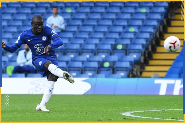 Soccer Football - Premier League - Chelsea v Crystal Palace - Stamford Bridge, London, Britain - October 3, 2020 Chelsea's N'Golo Kante shoots at goal Pool via REUTERS/Neil Hall EDITORIAL USE ONLY. No use with unauthorized audio, video, data, fixture lists, club/league logos or 'live' services. Online in-match use limited to 75 images, no video emulation. No use in betting, games or single club /league/player publications. Please contact your account representative for further details.