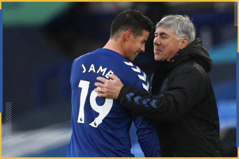 Soccer Football - Premier League - Everton v Brighton & Hove Albion - Goodison Park, Liverpool, Britain - October 3, 2020 Everton's James Rodríguez is congratulated by manager Carlo Ancelotti as he is substituted Pool via REUTERS/Jan Kruger EDITORIAL USE ONLY. No use with unauthorized audio, video, data, fixture lists, club/league logos or 'live' services. Online in-match use limited to 75 images, no video emulation. No use in betting, games or single club /league/player publications. Please contact your account representative for further details.