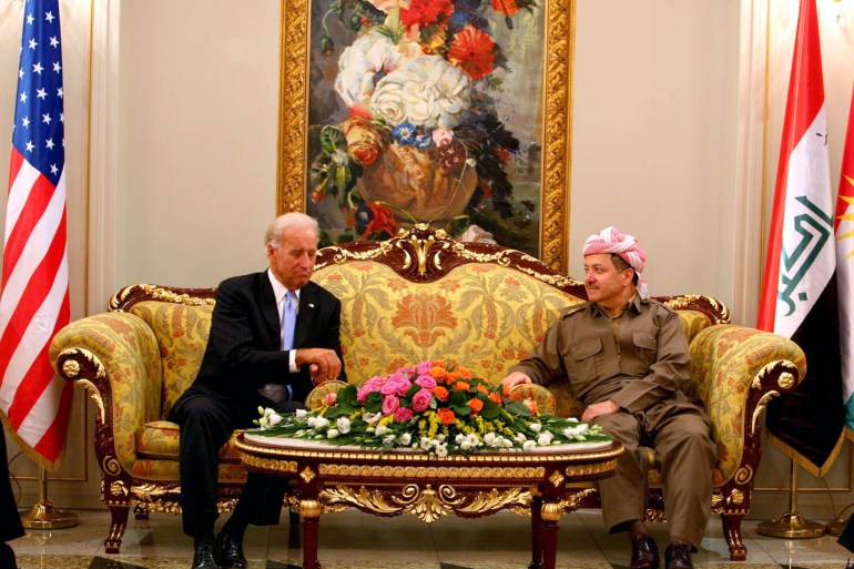 epa02312370 A picture made available on 02 September 2010 shows US Vice President Joe Biden (L) meeting with President of the Kurdistan Regional Government Masud Barzani at his residence, Erbil, northern Iraq, late 01 September 2010. Biden held...