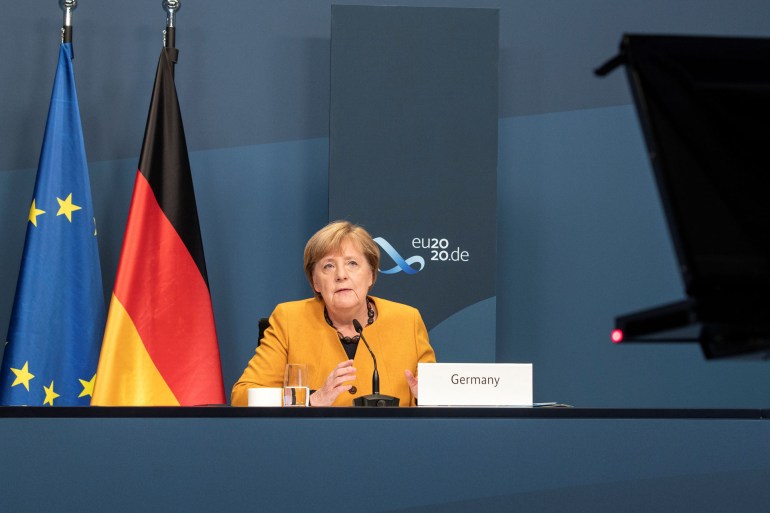 German Chancellor Merkel takes part in a video conference during the G20 Leaders' Summit 2020