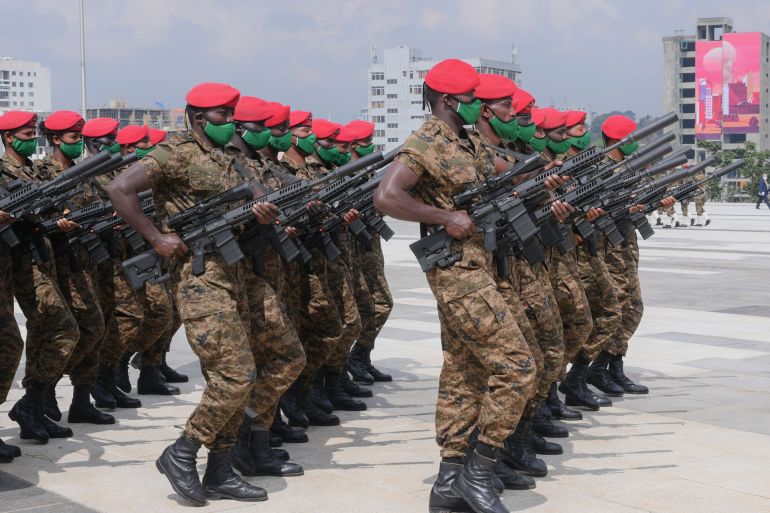 epa08844223 (FILE) The Ethiopian National Defence conducts exercises in the inaugural event of Sheger park during a military parade in Addis Ababa, Ethiopia 10 September 2020 (issued 26 November 2020). The prime minister of Ethiopia Abiy Ahmed, on...