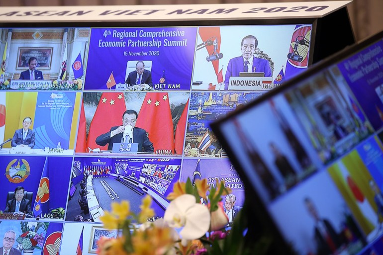 epa08821097 A screen shows leaders participate in the virtual 4th Regional Comprehensive Economic Partnership Summit in Hanoi, Vietnam, 15 November 2020. The virtual 37th ASEAN Summit and related summits take place from 12 to 15 November 2020 at...