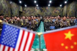 U.S. Army and China's People's Liberation Army military personnel attend a closing ceremony of an exercise of "Disaster Management Exchange" near Nanjing