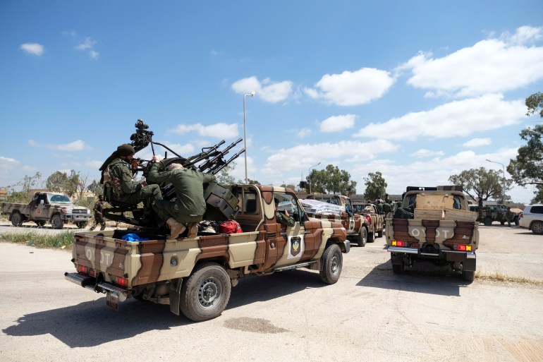 Libyan National Army (LNA) members, commanded by Khalifa Haftar, head out of Benghazi to reinforce the troops advancing to Tripoli, in Benghazi