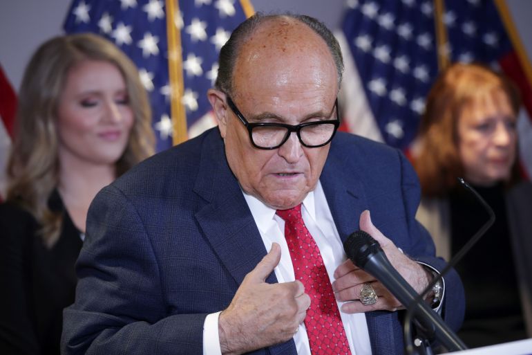 Former New York City Mayor Rudy Giuliani, personal attorney to U.S. President Donald Trump, speaks about the 2020 U.S. presidential election results during a news conference in Washington, U.S., November 19, 2020. REUTERS/Jonathan Ernst