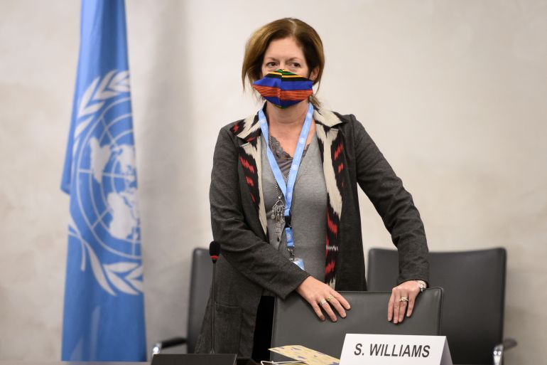 FILE PHOTO: Deputy Special Representative of the UN Secretary-General for Political Affairs in Libya Stephanie Williams wearing a face mask attends the talks between the rival factions in the Libya conflict at the United Nations offices in Geneva, Switzerland October 20, 2020 . Fabrice Coffrini/Pool via REUTERS/File Photo