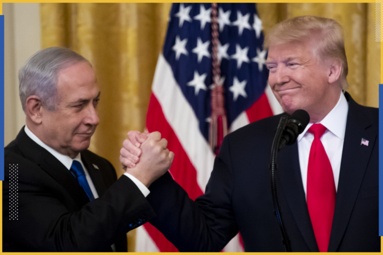 epaselect epa08173197 US President Donald J. Trump (R) shakes hands with Prime Minister of Israel Benjamin Netanyahu while unveiling his Middle East peace plan in the East Room of the White House, in Washington, DC, USA, 28 January 2020. US President Donald J. Trump's Middle East peace plan is expected to be rejected by Palestinian leaders, having withdrawn from engagement with the White House after Trump recognized Jerusalem as the capital of Israel. The proposal was announced while Netanyahu and his political rival, Benny Gantz, both visit Washington, DC. EPA-EFE/MICHAEL REYNOLDS