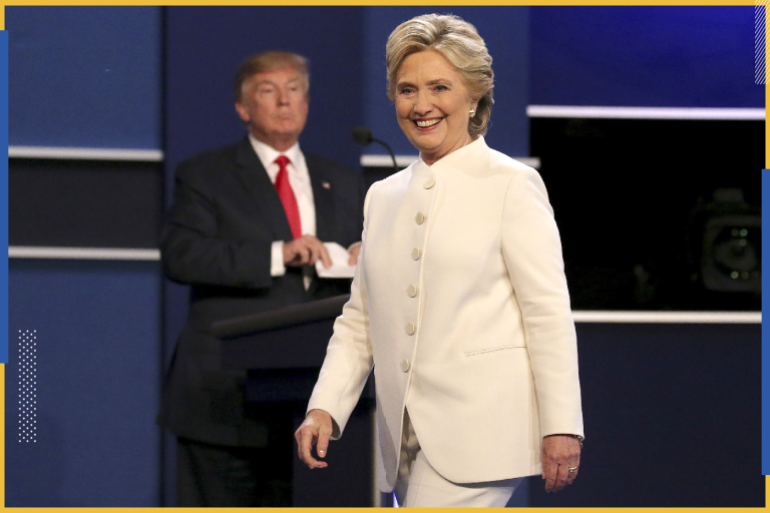 epa05593217 US Democratic candidate Hillary Clinton (R) and US Republican candidate Donald Trump (L) look on at the end of the final Presidential Debate at the University of Nevada-Las Vegas in Las Vegas, Nevada, USA, 19 October 2016. The debate is...