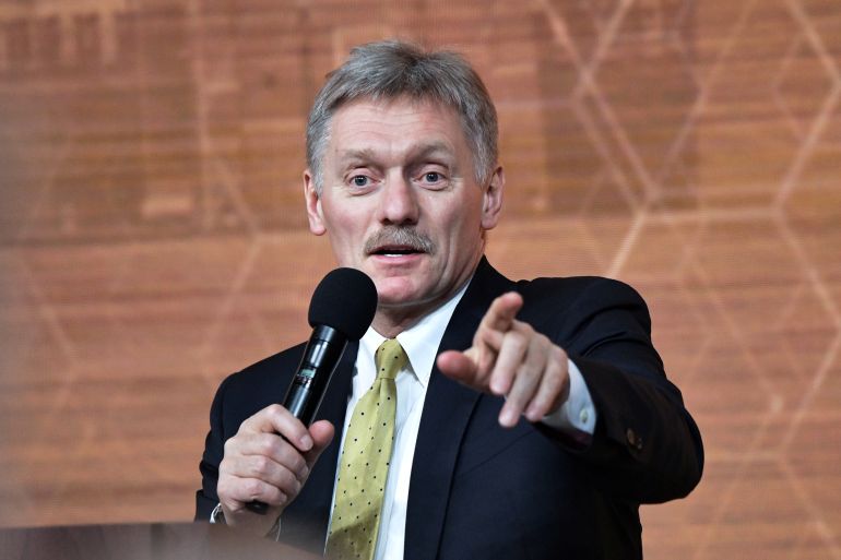 Kremlin spokesman Peskov speaks during a news conference in Moscow