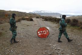 Azeri border guards are seen in Jabrayil District