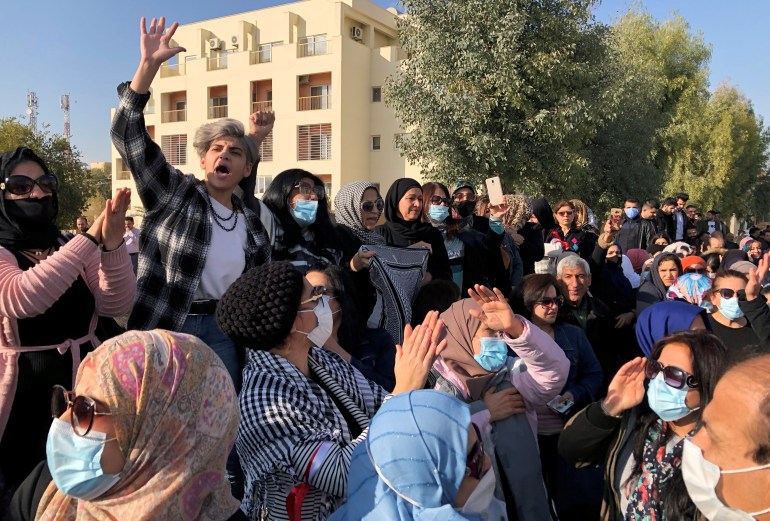 Kurdish demonstrators gather during a protest over unpaid salaries of the public servants by the Iraqi Kurdish regional government, in Sulaimaniyah