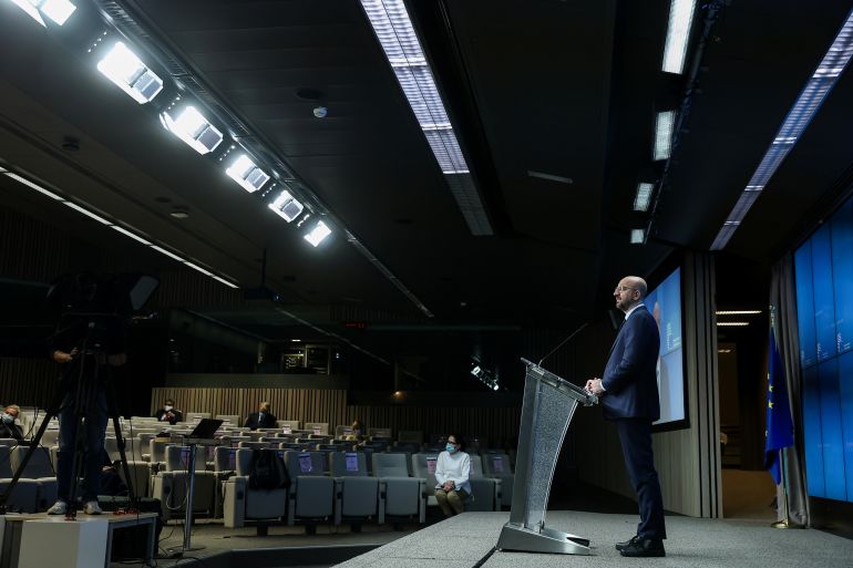 European Council President Charles Michel delivers a speech during the Climate Ambition Summit 2020 video conference meeting in Brussels