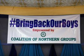 A sign reading "#BringBackOurBoys" is seen during a press conference organized by Coalition of Northern Groups following the abduction of hundreds of schoolboys, in Kankara