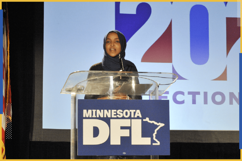 epaselect epa08797444 Democratic Representative from Minnesota Ilhan Omar speaks at DFL Election Night at the Intercontinental St. Paul Hotel in St. Paul, Minnesota, USA, 03 November 2020. Americans vote on Election Day to choose between re-electing Donald J. Trump or electing Joe Biden as the 46th President of the United States to serve from 2021 through 2024. EPA-EFE/MARILYN INDAHL