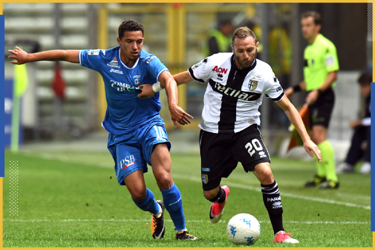 PARMA, ITALY - SEPTEMBER 19: Antonio Di Gaudio (L) of Parma Calcio competes for the ball whit Ismael Bennacer of Empoli fc during the Serie B match between Parma Calcio and Empoli FC on September 19, 2017 in Parma, Italy. (Photo by Getty Images/Getty Images)