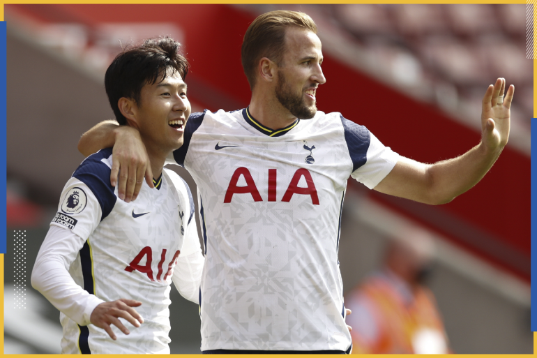 epa08683575 Son Heung-min (L) of Tottenham celebrates with teammate Harry Kane (R) after scoring his third goal during the English Premier League match between Southampton and Tottenham Hotspur in Southampton, Britain, 20 September 2020. EPA-EFE/Matthew Childs / POOL EDITORIAL USE ONLY. No use with unauthorized audio, video, data, fixture lists, club/league logos or 'live' services. Online in-match use limited to 120 images, no video emulation. No use in betting, games or single club/league/player publications.