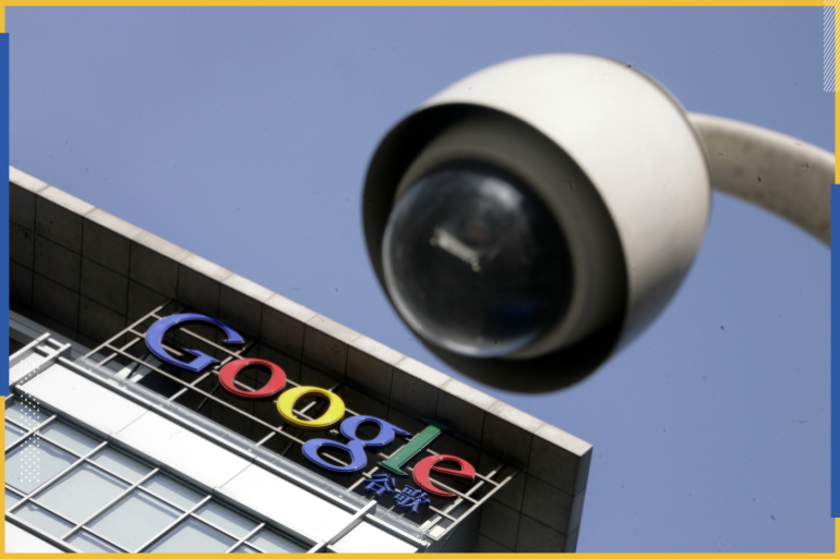 The Google logo is seen on the top of its China headquarters building behind a road surveillance camera in Beijing January 26, 2010. Chinese state media stepped up their war of words with the United States over Internet control on Tuesday, with a top newspaper claiming a U.S. conspiracy and saying China can live without Google. This logo has been updated and is no longer in use. REUTERS/Jason Lee(CHINA - Tags: BUSINESS POLITICS SCI TECH)
