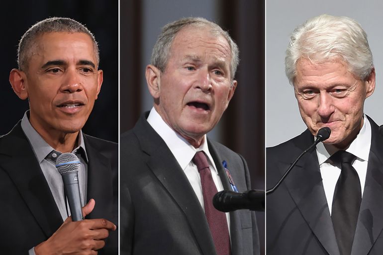 كومبو يجمع الرؤساء الأميركيين السابقين: باراك أوباما وجوج بوش الابن وبيل كلينتون