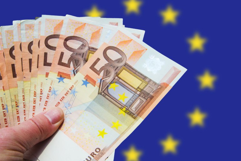 Fan of 50-euro bills with EU flag
