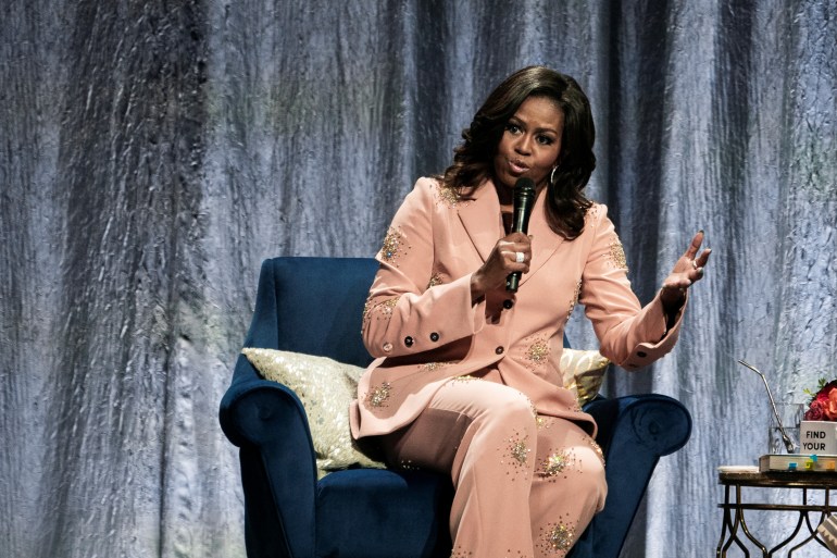 Former first lady Obama speaks at Royal Arena during book tour in Copenhagen