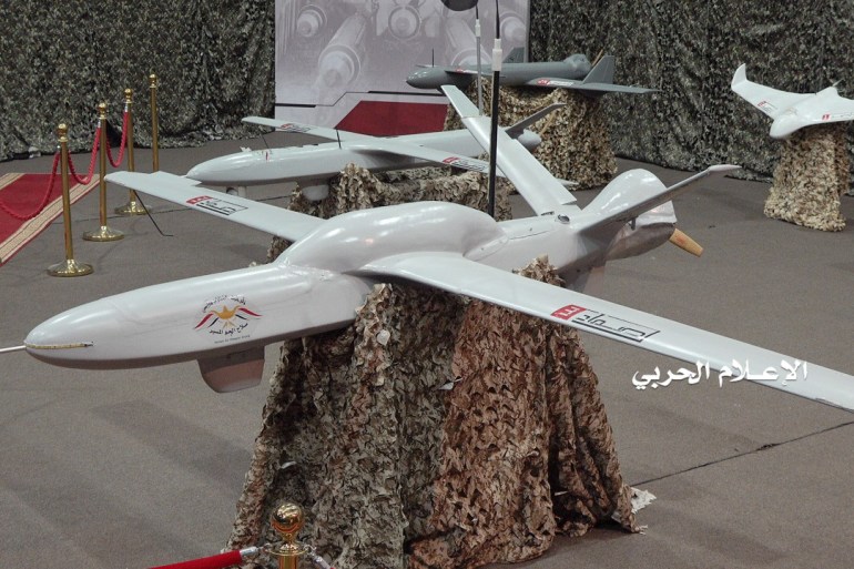 Drone aircrafts on display at an exhibition at an unidentified location in Yemen